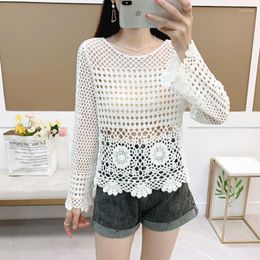 Women's Blouses White Lace Top For Women Spring Summer Hollow Out Crochet T Shirt Female Beach Cover Up Korean Fashion T-Shirt Knitwear