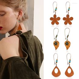 Dangle Earrings Vintage Wood Geometric Pendant Flower Leaf Coin Hollow Oval Drops Triangle Bow Hanging Bead Bohemian Jewellery