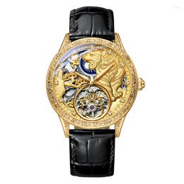 Wristwatches Luxury Leather Gold Tiger Skeleton Automatic Mechanical Watches For Men Wrist Watch Stainless Steel Strap Clock Waterproof