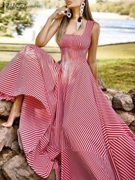 Casual Dresses Summer French Elegant Long Dress Women's Fashion Stripe Printed Robe Long Sleeve Beach Party Sleeveless Holiday Dress Tank Top Sundress 230511