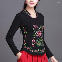 Women's T Shirts Plus Size Shirt Women Cotton Basic Tshirt Long Sleeve Vintage Ethnic Embroidery High Quality Ladies Tops Casual 4XL 5XL 6XL