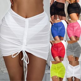 Cover-up Sexy Women Solid Pareo Beach Bikini Cover Up Wrap Skirt Sarong Beachwear Mesh Drawstring Cover Up Skirt Dropshipping