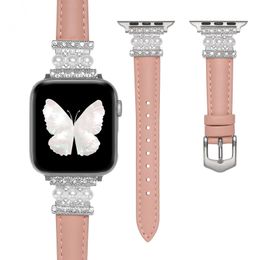 Luxury Real Leather Slim Strap Pearl Diamond Connector For Apple Watch Band 41mm 42mm 38mm 40mm 44mm Iwatch 3 4 5 7 8 41mm Bands Sliver Buckle For Ladies Women