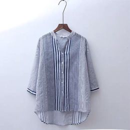 Women's Blouses Shirts Summer Arts Style Women 3/4 Sleeve V-neck Casual Blouses Cotton Linen Striped Vintage Shirts Femme Loose Tops M83 230512