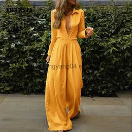 Women's Two Piece Pants Women's Clothing Rompers Lapel Buttons Sexy Cardigan Shirt Rompers Long Sleeve Casual Loose Wide Legs Trousers Two-Piece Suit XL T230512
