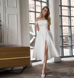 Bateau Organza Lace-up back A-line Cap-sleeves Wedding Dresses Beach Tea-length Thigh-High Slits Bride Gown