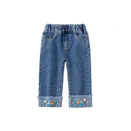 Jeans Baby Girls Flowers Embroidery Jeans Denim Pants Spring Autumn Kids Long Pant Trousers Children Birthday Princess Clothes 230512