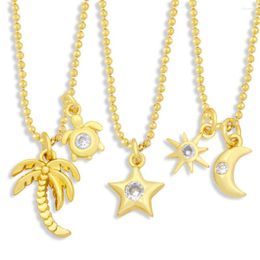 Pendant Necklaces FLOLA Gold Plated Bead Chain Moon And Star Necklace Copper Zircon White Stone Tortoise Coconut Tree Fashion Jewellery Nkez22