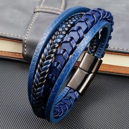Charm Bracelets Braided Rope Woven 4 Layers Blue Leather Men Punk Style Stainless Steel Bangle For Friend Fashion Jewellery Gifts