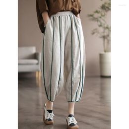 Women's Pants Vintage Clothes Summer For Women Cotton Linen Ankle-length Casual Loose Elastic Waist Striped Harem Female