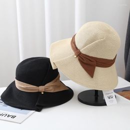 Wide Brim Hats Big Bow Pleated Design Straw For Women Summer Sunscreen Sun Cap Foldable Bucket Hat Breathable Basin Caps Gorras