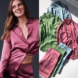 Women's Two Piece Pants Women Satin Silk Suit Elastic Waist Loose Straight Long Trousers Or Turn-down Collar Long-sleeved Single Breasted