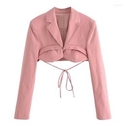 Women's Suits YENKYE 2023 Women Fashion Drawstring Tied Faded Pink Crop Blazer Vintage Long Sleeve Front Hook Female Chic Outerwear Tops