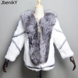 Fur Real Natural Women's Rabbit Fur Coat Fox Fur Collar Large Size Rabbit Skin Women Winter Coats Black Woman's Casual Autumn Coat