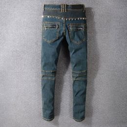 Men's Jeans Vintage Washed Mens Biker Punk Style Studded Slim Fit Pleated Pencil Pants Rivet Motorcycle Denim Big Size TrousersMen's