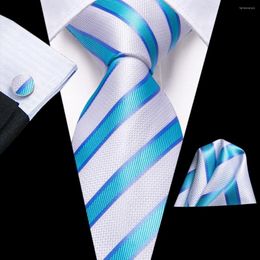 Bow Ties White Blue Striped Silk Wedding Tie For Men Handky Cufflink Necktie Set Fashion Business Party Dropshiping Hi-Tie Designer