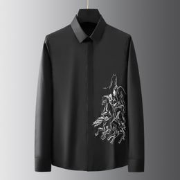 New Cotton Black White Men's Shirts Luxury Long Sleeve Horse Embroidery Business Casual Male Shirts Slim Fit Man Shirts 4XL