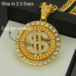 Hip Hop Round Dollar Necklace Rotatable Pendant Alloy Men Iced Out Fashion Jewellery Gold Plated Rich Necklace Relieve Stress Good Gift Wholesale Dropshipping
