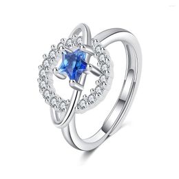 Cluster Rings 925 Silver Star Ring Female Small Fresh Blue Diamond Single Row Five Pointed Open