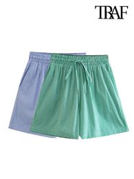 Women's Shorts TRAF Women Fashion Side Pockets Striped Shorts Vintage High Elastic Waist With Drawstring Female Short Pants Mujer 230512