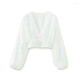 Women's Blouses Slim Fashion Corset Style White Shirt Ladies Lace V-neck Lantern Sleeve Crop Top