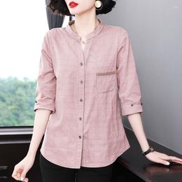 Women's Polos Summer Cotton Linen Fashion Casual Vintage Plaid 3/4 Sleeve Comfortable Simple Shirt Blouse Female Loose Top Korean Version