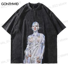 Men's T-Shirts Distressed Oversized T-Shirt Streetwear Hip Hop Vintage Robot Graphic Print Tshirt Men Harajuku Casual Short Sleeve Tee Shirts T230512