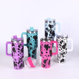 NEWEST!! 40oz Cow Print Tumbler Double Wall Stainless Steel Water Cup Car Mugs with Handle Wholesale L01