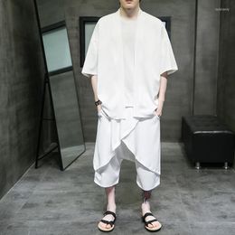 Ethnic Clothing M-5XL Plus Size Men Kimono Shirt With Cross Pants Two Pieces Set Summer Streetwear Korean Plain Colour Japanese