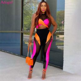 Women's Two Piece Pants Adogirl Color Patchwork Sheer Mesh Two Piece Set Women Sexy Club Suit Sleveless Vest Crop Top Skinny Pants Female Tracksuit T230512