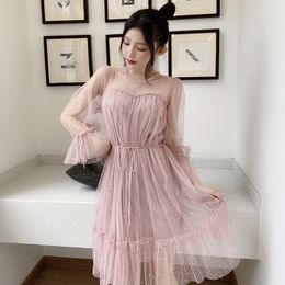 Casual Dresses 2023 Spring Summer Sweet Star Sequined Lace Dress Women Long Ruffles Mesh Lady Fairy Flare Sleeve A Line Party Vestidos
