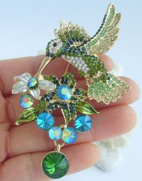 Brooches Art Style 3.54" Green Austrian Crystal Hummingbird Brooch Pin Animal Pendant KPA01775C4a