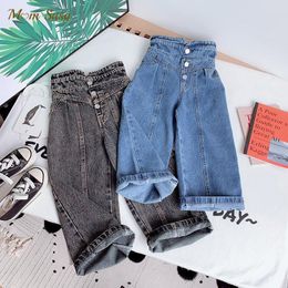 Jeans Fashion Baby Girl Jean Pant Cotton Wide Leg Toddler Teen Child Denim Trousers High Waist Button Girl Loose Pant Clothes 2-14Y 230512