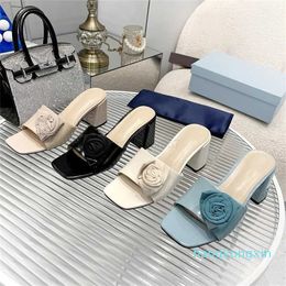 Womens High Heel Sandals Shiny Leather Mid Heel Triangle Metal Engraved Micro Label Summer Beach Slide Slippers