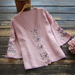 Women's Polos Vintage Embroidery Short Sleeve Shirt Women's Summer Versatile Loose V-neck Thin Pan Button Cotton Linen Breathable Top