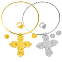 Necklace Earrings Set Anniyo Ethiopian Gold Colour Big Cross Round Chokers Ring African Eritrean Wedding Decorations #333706