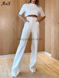 Women's Two Piece Pants Summer White Women's Suit Fashion Round Neck Short Sleeve Crop Tops Straight Trousers Solid Colour Two-Piece Set Ladies Tracksuit T230512