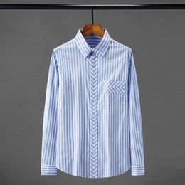 New 100% Cotton Striped Mens Shirts Luxury Long Sleeve One Pocket Smart Casual Male Dress Shirts Simple Slim Party Man Shirts