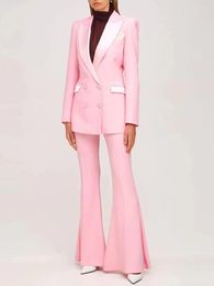 Women's Two Piece Pants Office Suit Autumn Winter Fashion Blazer Pantsuit 2023 Elegant Pink Long Sleeve Flare Trousers 2 Sets