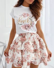 Two Piece Dress Summer Dresses Women Floral Letter Print T-shirt Layered Ruffles Skirt Two Piece Set Casual Mini Dress Suit 230512