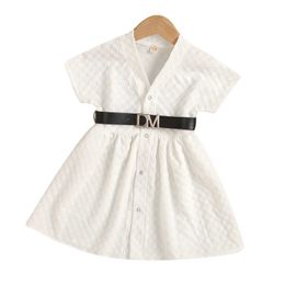 Children's Clothing Girls' Summer Skirt Solid Colour Square Elastic Air Grid Short Sleeve Petticoat with Belt