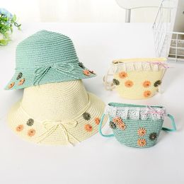 Wide Brim Hats Summer Girl Straw Hat Bag Set Kids Outdoor Breathable Beach Flower Sweet Princess Seaside Sun SHT012