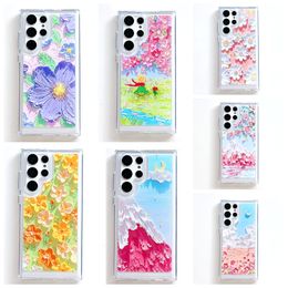 S24 Oil Painting Style Flower Cases For Samsung S23 Ultra S22 Plus A14 A34 A54 A53 5G Fashion Hard Acrylic PC TPU Sakura Floral Mountain Stylish Pretty Phone Back Cover