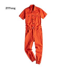 Pants ZYYong Summer Men's Orange ShortSleeved Jumpsuit Hip Hop Casual MultiPocket Solid Colour Men's Overalls Fashion Men's Trousers