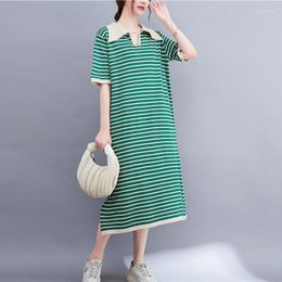 Party Dresses Korea Style Turn-down Collar Knitted Striped Sweet Girl's Chic Summer T Shirts Dress Office Lady Work Women Casual