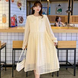 Maternity Dresses 2023 Autumn Long Sleeve Lace Dress Loose Pregnant Women With Lining Plus Size Pregnancy Clothes Sweet Maxi