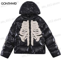 Men's Down Parkas Winter Hooded Parkas Jackets Y2K Grunge Streetwear Hip Hop Embroidery Skull Skeleton Thicken Warm Bubble Zip Up Emo Puffer Coats T230512