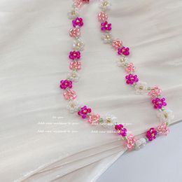 Chains Ins Cute Rose Pink Flowers Short Necklace Girl Romantic Handmade Beading Flora Choker Necklaces Wedding Jewellery