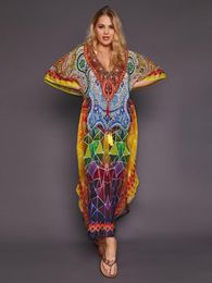 Cover-up 2023 Quickdrying Bohemian Printed Tassel Summer Beach Maxi Dress Cotton Tunic Women Plus Size Beachwear SwimSuit Cover Up Q999