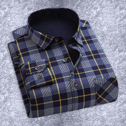 Men's Casual Shirts Men Winter Shirt Plaid Print Long Sleeves Tops Turn-down Collar Single-breasted Spring Thick Keep Warm